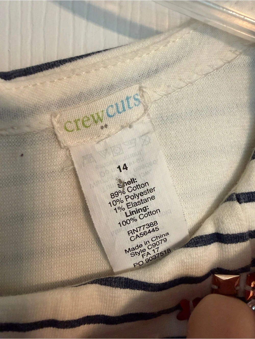 Girls Crewcuts navy and cream striped dress with jeweled neckline